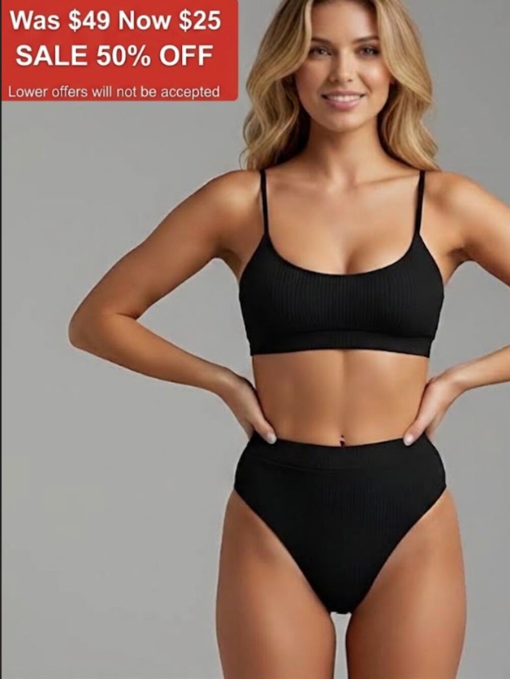 Black Ribbed High Waist Bikini Bathing Suit